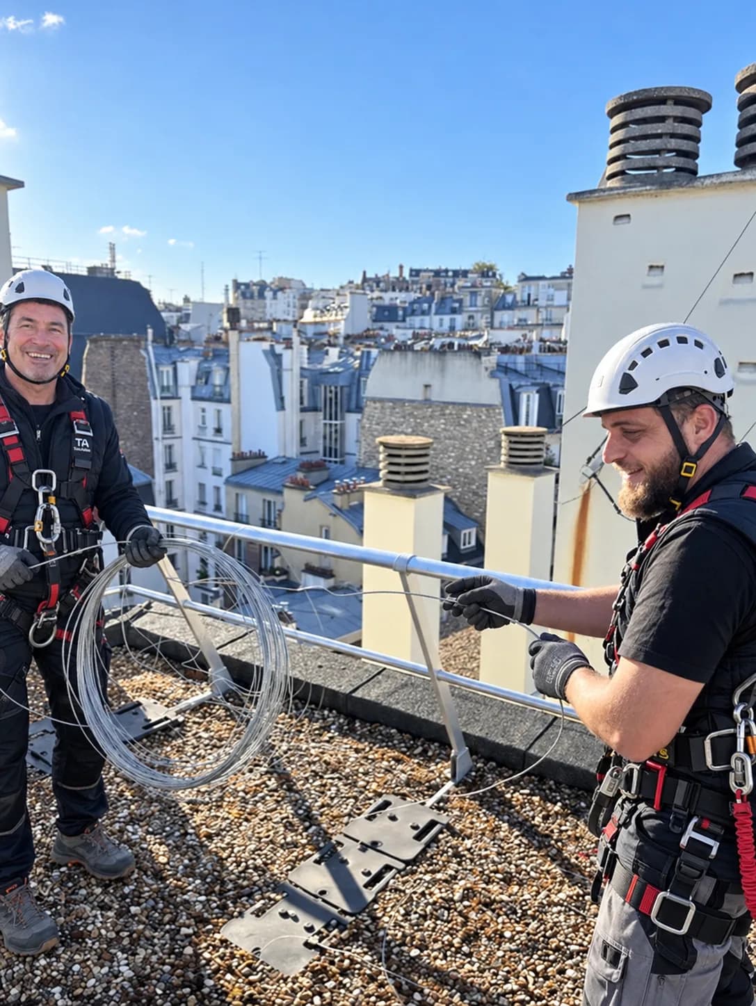 Deux antennistes TELEANTEN casqués et harnachés sur un toit parisien, avec une couronne de câble coaxial